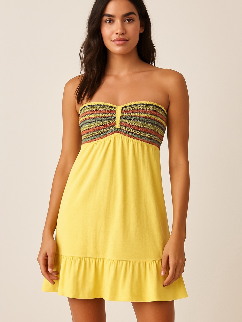 Y2K Love Rocks Strapless Yellow Mini Sundress Smocked Bodice 90s L